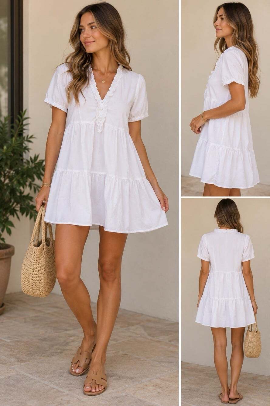 Zara White Ruffle V-Neck Tiered Cotton Dress Size M Cottagecore Feminine Summer